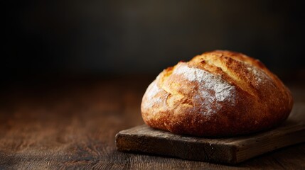 freshly baked artisan bread on rustic wooden board, golden crust, warm cozy tones