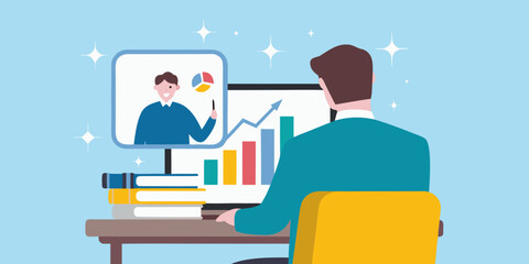 Man attending online business meeting with growing charts and data analysis