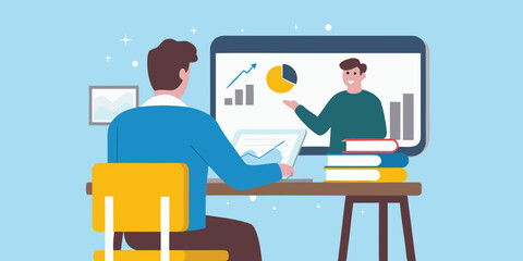 Man attending online business meeting or webinar from home office