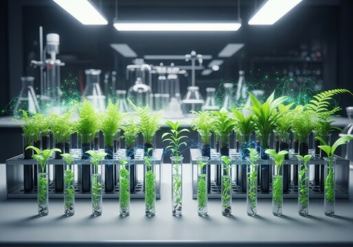 Green plants growing in test tubes in a modern science laboratory, symbolizing botanical research and biotechnology development