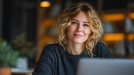 young woman happy using laptop at desk remote working from home online studying attending virtual meeting smiling professional learning modern home office digital education technology