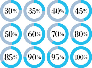 Infographic Circle with Percentage Icon set. Round diagrams icons for infographics from 0 to 100 percent collection.Design for dashboards, UI, reports, and analytics visuals. Vector illustration.