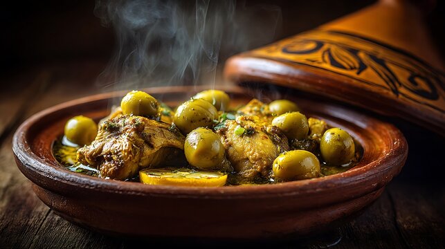 Traditional Moroccan chicken tagine with preserved lemon and green olives in clay pot, rustic wooden background, warm spice colors