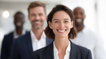 smiling professionals in modern office, teamwork and positivity, bright and clean design