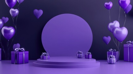 Purple Celebration: A Romantic 3D Render of Gifts and Heart Balloons