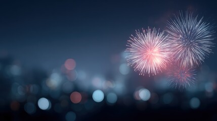 New Year celebration concept with fireworks illuminating night sky, vibrant colors, joyful atmosphere, city skyline backdrop