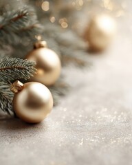 Christmas festive background with golden ornaments, pine branches, warm cozy lighting, sparkling decorations, holiday spirit