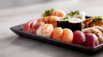 sushi platter with assorted rolls and sashimi, minimal design, clean presentation