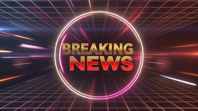 Vibrant neon-lit 'BREAKING NEWS' sign surrounded by dynamic motion lights on a grid background, futuristic style, urgent news context.