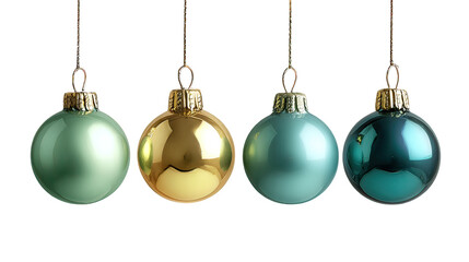 Four multicolor glass ornaments with mint green hanging on transparent background