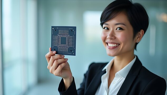 Person presenting a circuit-chip icon, representing artificial intelligence and machine learning.