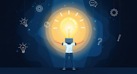 Person with bright illuminating lightbulb replacing head surrounded by conceptual icons in dark atmosphere
