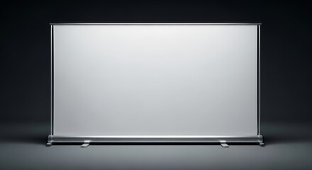 A front view of a wide, empty, portable rollup display stand with a blank white screen, presented as a mockup on a dark, professional studio background