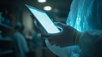 Night, doctor and hands with tablet for internet for test results or review medical records and patient charts. Hospital, person and digital technology for healthcare app and Telehealth, Generative AI