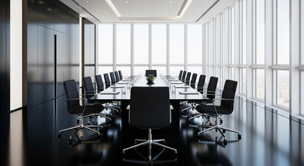 Modern corporate boardroom with sleek design and panoramic city views for executive meetings
