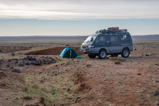 A tent camp in the sands of the Gobi Desert, Mongolia.