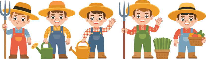 Five cheerful cartoon little boys characters dressed as friendly farmers in overalls and straw hats, holding agriculture tools like a pitchfork and watering cans, demonstrating rural farm work, harves