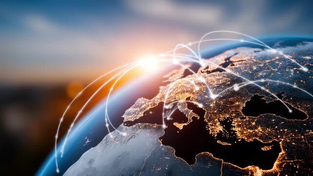 Global Network: Interconnected lines across the planet signify global communication, collaboration, and the power of unified networks, symbolizing the boundless scope of international connectivity. 
