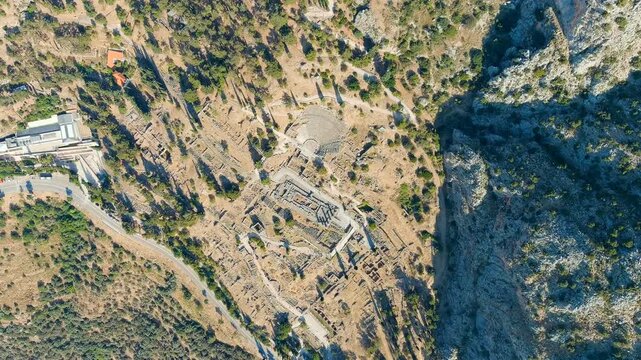 Delphi, Greece. Ruins of the ancient city of Delphi. Sunny weather in the morning, Summer. Drone footage