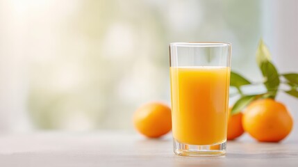 freshly squeezed orange juice in clear glass, bright morning light, healthy lifestyle concept