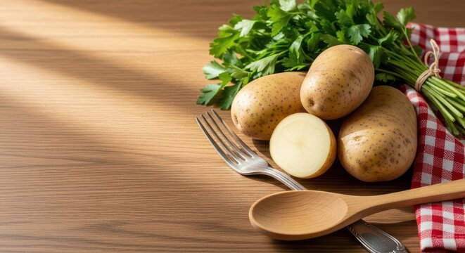 Freshly harvested potatoes and parsley ready for cooking on a rustic wooden table with kitchen utensils