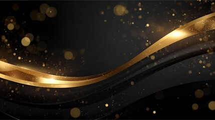 Luxurious Gold Ribbon Wave With Sparkling Bokeh Over Black Background for Elegant Branding