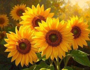 Fototapeta premium Radiant sunflowers bathed in golden sunlight, symbolizing warmth and happiness