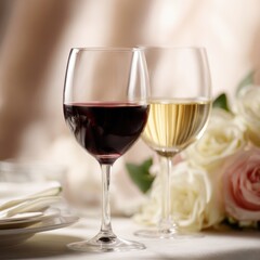 wine glasses with red and white wine on elegant table, romantic dinner setup