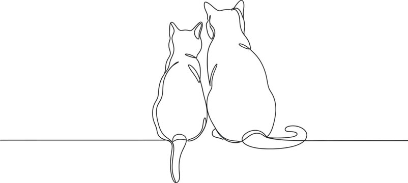 Continuous line art drawing of two domestic cats sitting together, viewed from behind, embodying companionship and simple elegance on a clean background Vector