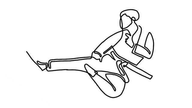 continuous line animation of man practicing karate combat. Martial art sport training concept