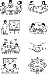 Collection of professional business strategy meeting icons featuring teamwork, corporate presentation, brainstorming analysis, remote virtual communication, negotiation, and partnership agreement in a