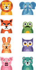 Collection of eight diverse animal avatar icons expressing a range of complex human emotions, including happy lion, angry fox, sad elephant, worried rabbit, bored owl, and upset bear, designed in a mo