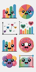 Cheerful, cute kawaii data visualization illustrations featuring vibrant colorful bar graphs, circular pie charts, happy line diagrams, and bubble cluster icons representing business intelligence, sta