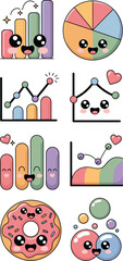 Adorable kawaii business data visualization graphic resources featuring smiling bar charts, cheerful pie graphs, positive line trends, and sweet finance metrics icons for presentations and educational