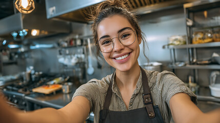 young woman joyful taking selfie during cooking class in professional kitchen culinary student learning chef instructor happy lifestyle casual education