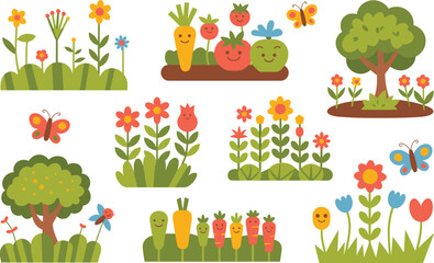 Cute cartoon vector illustrations of happy smiling garden vegetables like carrots, tomatoes, and apples growing among bright colorful spring and summer flowers, plants, trees, and butterflies, perfect