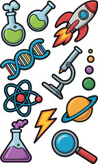 A vibrant collection of colorful cartoon science icons including biology DNA helix, chemistry lab flasks with bubbling liquid, physics atom model, microscope, space rocket ship, planet, and magnifying