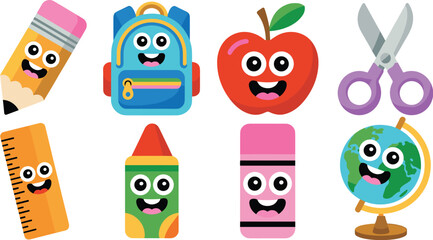 Happy and cute cartoon school supply characters collection smiling brightly for elementary education concepts, teaching resources, and fun preschool advertising; modern flat vector illustration set is