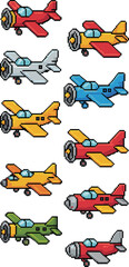 Diverse set of retro pixel art propeller airplanes, aircraft sprites, and colorful aviation transportation icons, offering digital 8-bit and 16-bit assets ideal for vintage video game development, hob