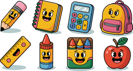 A cheerful and vibrant collection of cartoon kawaii school supplies characters, including a happy smiling backpack, pencil, ruler, notebook, red apple, blue calculator, and crayon set, essential for e