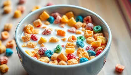A colorful breakfast cereal bowl filled with milk and flakes,  nutrition,  food
