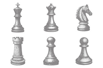 Vintage chess pieces engraving black and white illustration. stippling and halftone bishop, knight, rook, pawn, king, queen, bishop. Eps 10 © SAGOR