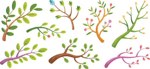 A vibrant, stylized vector collection of cute spring branches, budding twigs, and small floral plant elements, featuring fresh green leaves and colorful blossoms, ideal as a playful graphic design ass