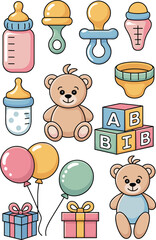 Joyful collection of newborn infant accessories and childcare icons featuring milk bottles, soothing pacifier, plush teddy bears, diaper, development toys, colorful balloons, and celebratory gifts, cr