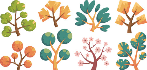 Collection of eight diverse stylized cartoon vector trees, including lush green foliage, bright autumn colors, and spring cherry blossoms, useful for modern digital graphic resources, kids educational