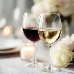Naklejka premium wine glasses with red and white wine on elegant table, romantic dinner setup