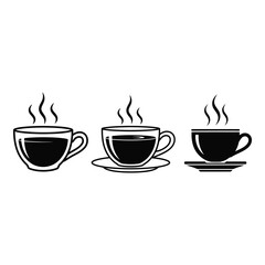 Obraz premium Three steaming cups of coffee or tea in black and white outline design providing a cozy beverage concept for cafe menus and break time illustrations
