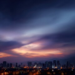 city skyline at sunset with glowing lights, urban landscape, dramatic sky