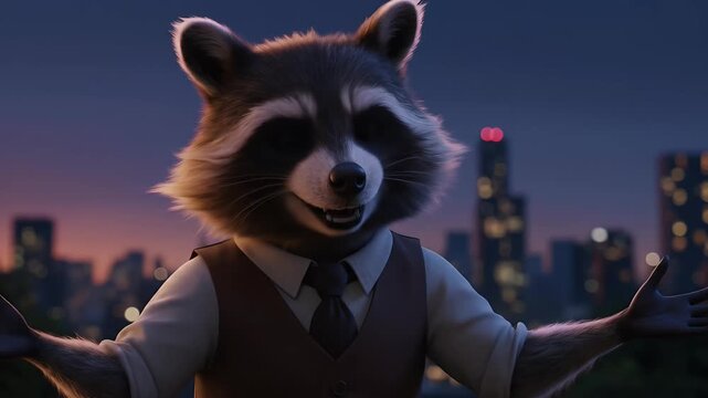 Animated Raccoon Welcomes You To The City At Twilight