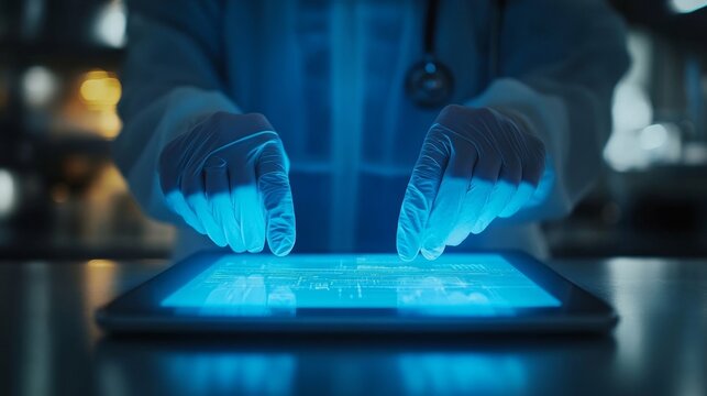 Medical care, person and hands of doctor with tablet for telehealth, research or online consultation in hospital. Healthcare, closeup and surgeon with technology for records, wellness, Generative AI